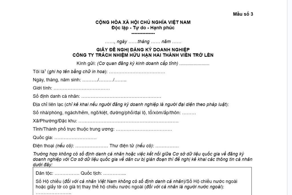 Biểu Mẫu Thành Lập Công Ty Tnhh Hai Thành Viên Trở Lên Mới Nhất